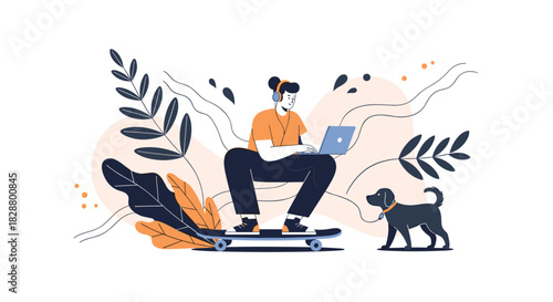 Young person with headphones working on a laptop while riding a skateboard with a dog on a leash in a modern abstract style.