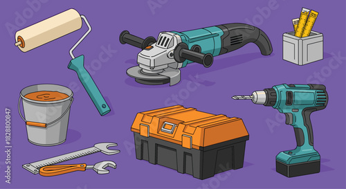 Set of various construction and repair tools including a drill angle grinder paint roller toolbox wrenches and a bucket of paint.