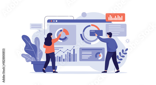 Two colleagues analyzing business data on a large interactive dashboard with various charts graphs and infographics for project analysis.