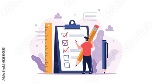 Man holding a large pencil to mark completed tasks with red checkmarks on a giant clipboard checklist for project management.