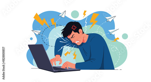 Stressed and angry man furiously typing on a laptop with lightning bolts and paper planes symbolizing frustration and pressure at work.
