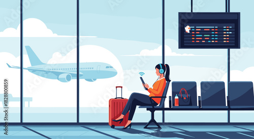 Woman with headphones and luggage waiting for her flight in an airport departure lounge while using her phone near a large window.