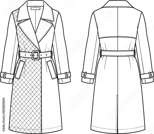 Women's trench coat vector, belted waist, quilted panel, front and back view, technical flat sketch,Women's trench coat vector, belted waist, quilted panel, front and back view, technical flat sketch,