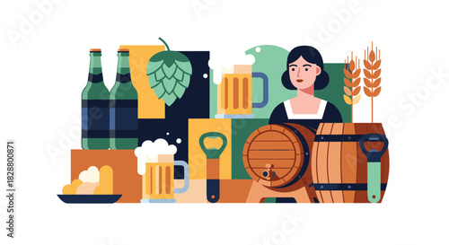 Vibrant composition celebrating beer with bottles glasses a wooden barrel hops and wheat for a brewery or Oktoberfest festival.