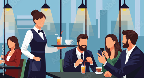 Waitress serving a tray of drinks to a group of friends or colleagues dining in a modern city restaurant or cafe at night.