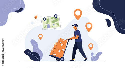 Delivery man pushing a hand truck loaded with packages for shipping with location pins and a map indicating the delivery route.