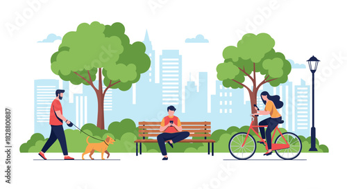 People enjoying various outdoor leisure activities in a city park including walking a dog cycling and using a smartphone on a bench.