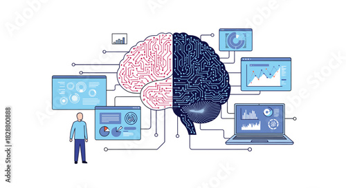Stylized human brain with one side as a circuit board and the other creative connected to data dashboards and a laptop.