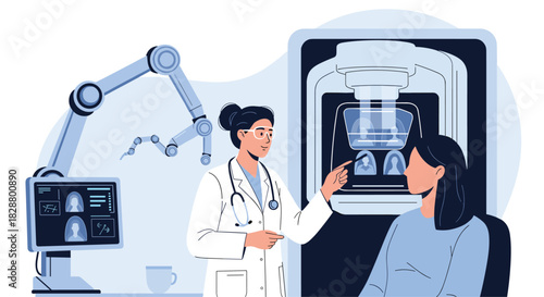 Female doctor explaining medical imaging results on a screen to a patient with the assistance of an advanced robotic medical arm.