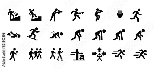 Black silhouette pictograms depicting various human actions and movements on white background