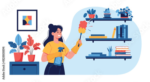 Cheerful woman wearing yellow gloves dusting a bookshelf filled with books and plants in a clean and cozy living room at home.