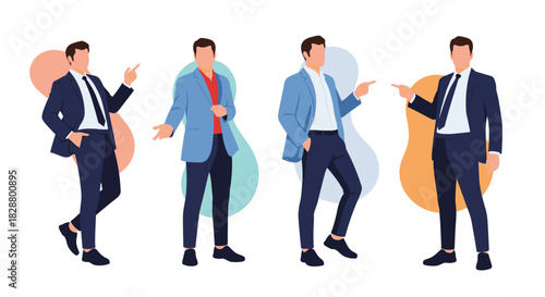 Collection of businessman characters in different poses and modern outfits for corporate presentations and business concepts.