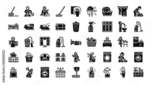 Collection of black and white cleaning and housework icons representing various chores