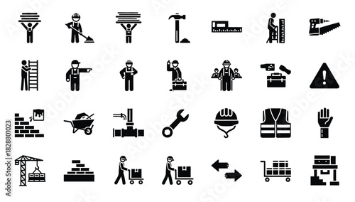Construction and industry icon set black silhouette vector illustrations on white background