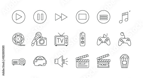 Hand drawn media and entertainment icons set for creative projects