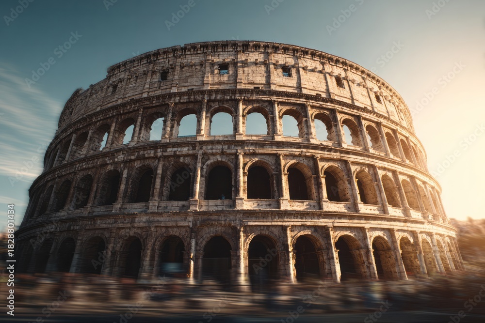 Fototapeta premium Ancient Roman amphitheater bathed in warm sunlight under a blue sky.