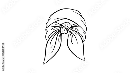 Stylized line art illustration of a tied fabric headscarf with flowing ends, representing fashion and accessories