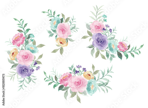 Colorful Watercolor Rose Flower Bouquet Collection