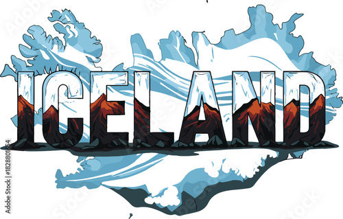 Iceland Map with Volcanoes and Glaciers within Text Iceland island nation