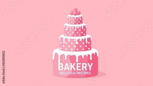 Whimsical Pink Cake Illustration for Bakery Pastries with Dripping Icing