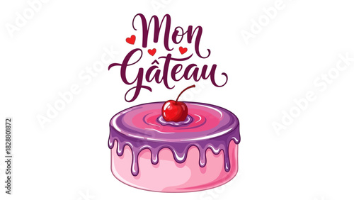 Mon Gâteau Delicious Cake Illustration with Cherry Topping and Heart Details