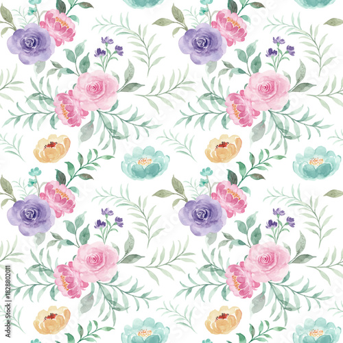 Seamless Pattern Of Colorful Watercolor Rose Flower