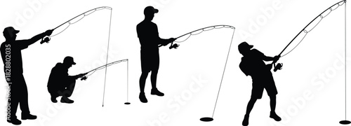 Fishermen Fishing Silhouette Black Vector Set Isolated on White Background People Holding Rod and Reel Catching Fish Recreation Sport
