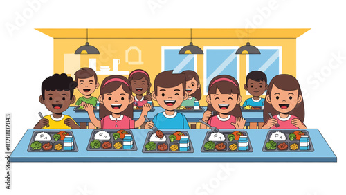 Diverse group of smiling children enjoying their healthy school lunch meals at a cafeteria table