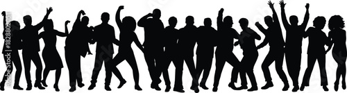 Large Group of Diverse People Dancing Silhouette Black Vector Set Isolated on White Background Party Crowd Celebration Event Club Nightlife