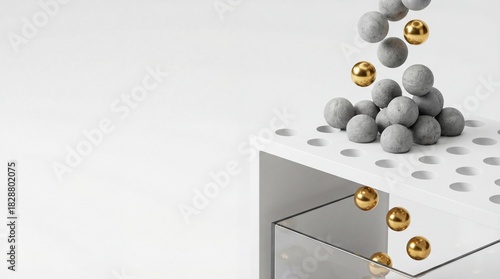 Golden spheres passing through a filter while grey ones are stuck.