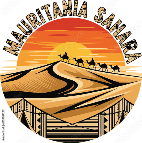 Mauritania Sahara desert caravan at sunset with traditional patterns Keywords: Mauritania, Sahara