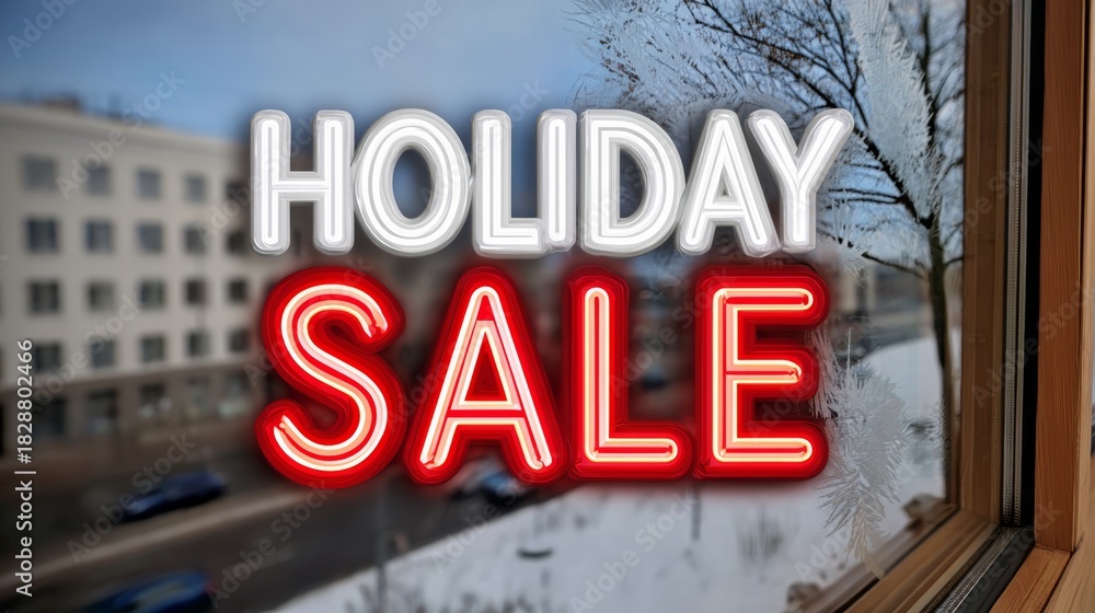 Fototapeta premium Bright neon sign displaying holiday sale message, illuminated against a wintery backdrop, with snow-covered streets and trees visible through the window, creating a festive shopping atmosphere