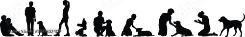 Silhouette Collection of People and Dogs Interacting, Pet Owners Training and Caring for Animals, Companionship and Love Vector Set