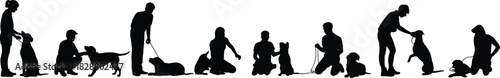Silhouette collection of people training and walking dogs, symbolizing pet care, obedience, ownership, friendship, animal bond, isolated, black, white, design element