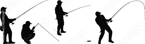 Silhouette Collection of Fishermen in Action, Casting, Waiting, and Reeling in Fish, Sport Fishing Activity Vector Illustrations Set