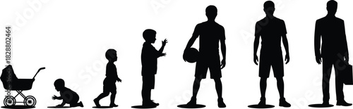 Stages of a Man's Life Silhouette, From Baby in Stroller to Businessman, Human Development and Growth Progression Vector Illustration
