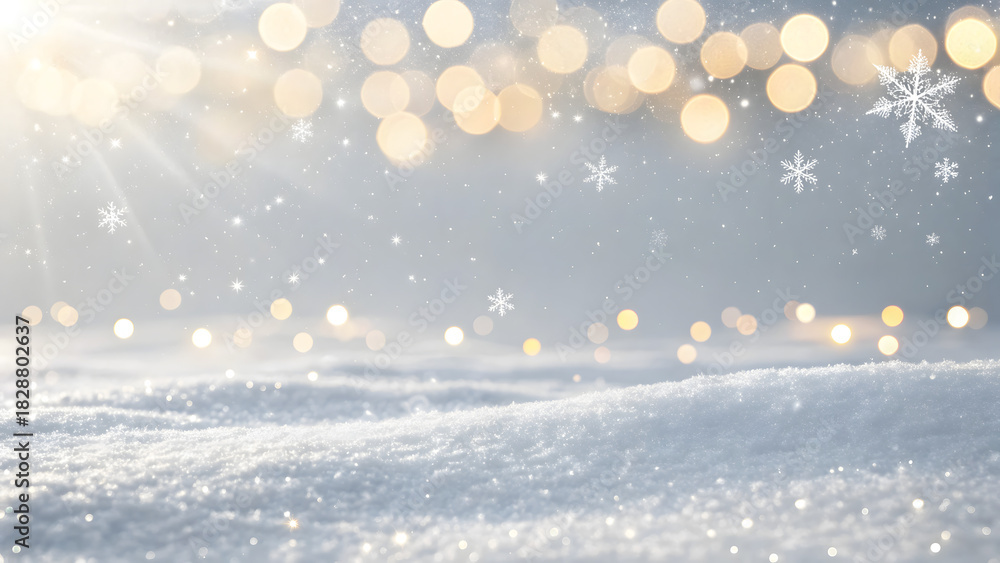 Naklejka premium Soft focus winter snowfall with golden bokeh lights and snowflakes