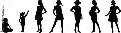 Stages of a Woman's Life Silhouette, From Childhood to Adult with Fashion and Pregnancy, Human Development Progression Vector Set