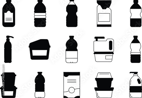 Collection of various bottle and container silhouettes for product packaging design