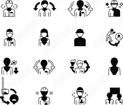 Diverse professional avatars solid icons representing occupations and teamwork in black and white