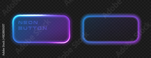 Neon blue purple glowing button. Light rectangle frame set, UI digital game banner vector design