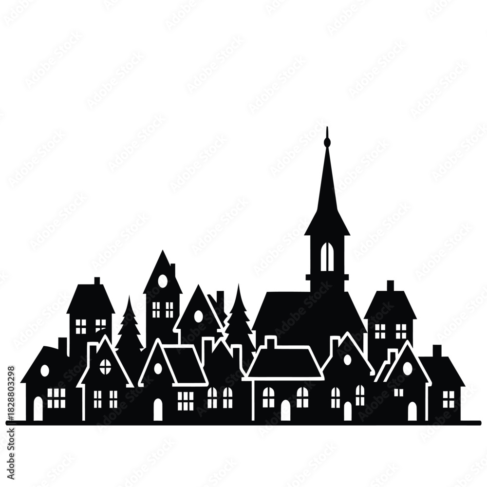 Obraz premium Christmas Black Silhouette of a Village with Houses and a Church on White Background town