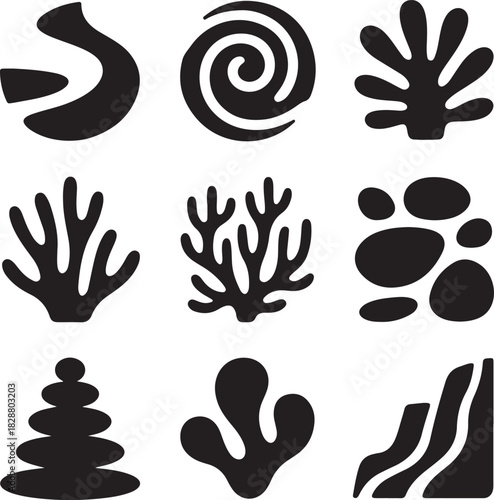 Marine life inspired black and white minimalistic vector graphics elements