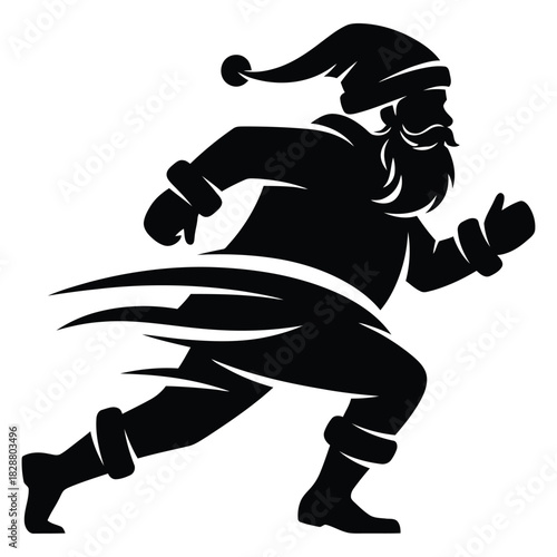 Dynamic Christmas Black Silhouette of Santa Claus Running with Swirling Lines on White Background motion