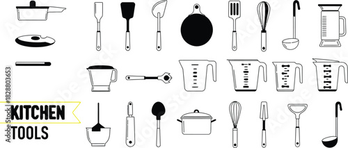 Hand drawn kitchen utensils collection in black and white for culinary projects