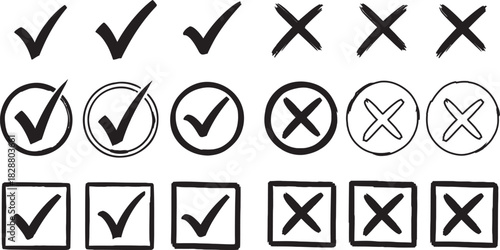 Hand drawn check marks and crosses in various shapes on white background