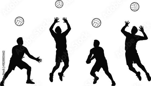 Volleyball Players Black Silhouette Vector Set, Dynamic Action Poses of Serving, Blocking, and Setting, Sportsman Jumping to Hit Ball, Team Game Illustration.