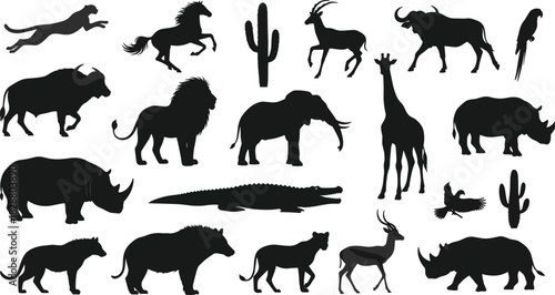 African Safari Animals Black Silhouette Vector Set, Wildlife Collection of Lion, Elephant, Rhino, Giraffe, Cheetah, and Desert Fauna Icons, Isolated.