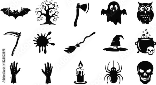Halloween Spooky Black Silhouette Vector Icon Set, Skull, Ghost, Bat, Witch Hat, Spider, and Horror Elements Collection, Holiday Design.