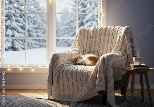Cozy winter living room with cat
